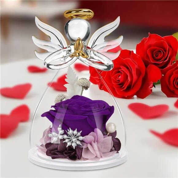 Preserved Flower Rose Gifts in Glass Angel Figurines,Valentines Rose Gifts - Picture 2 of 7